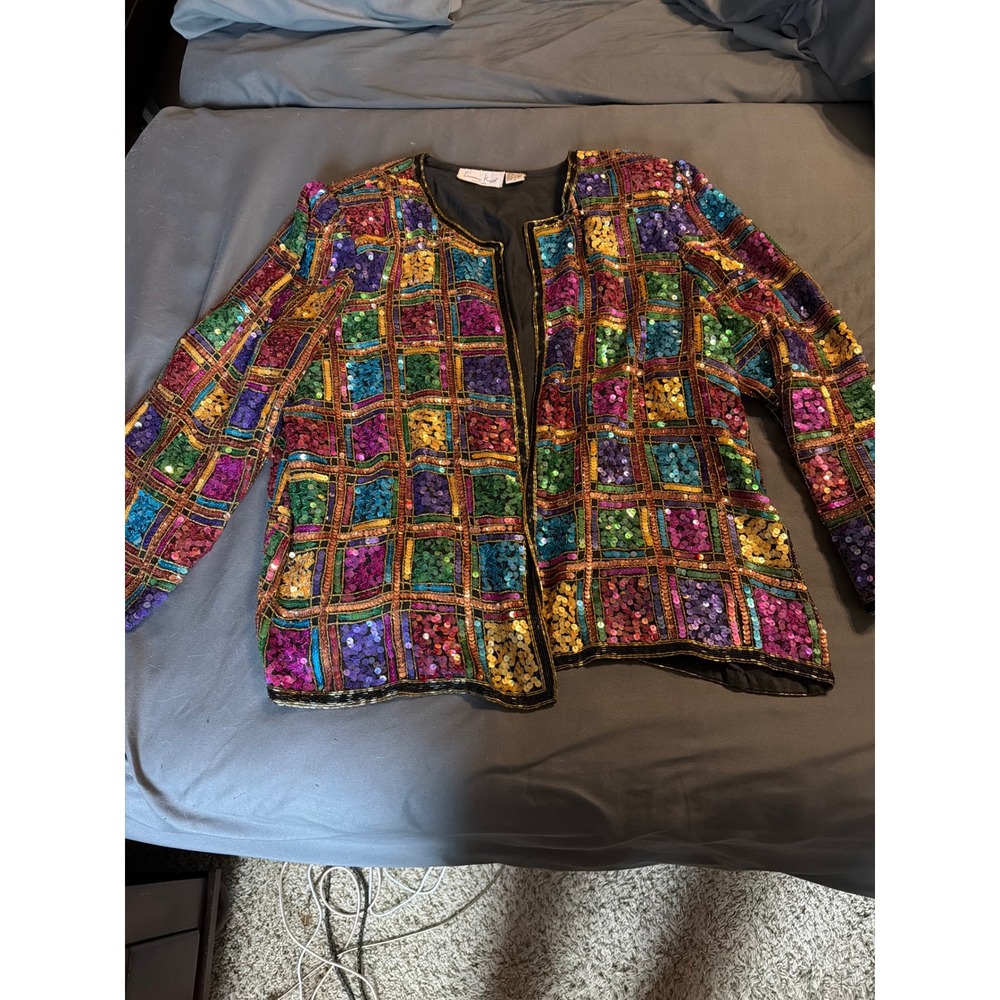 Laurence Kazar Vintage Sequin Silk Jacket Multi Color Grid Beaded Evening 2X